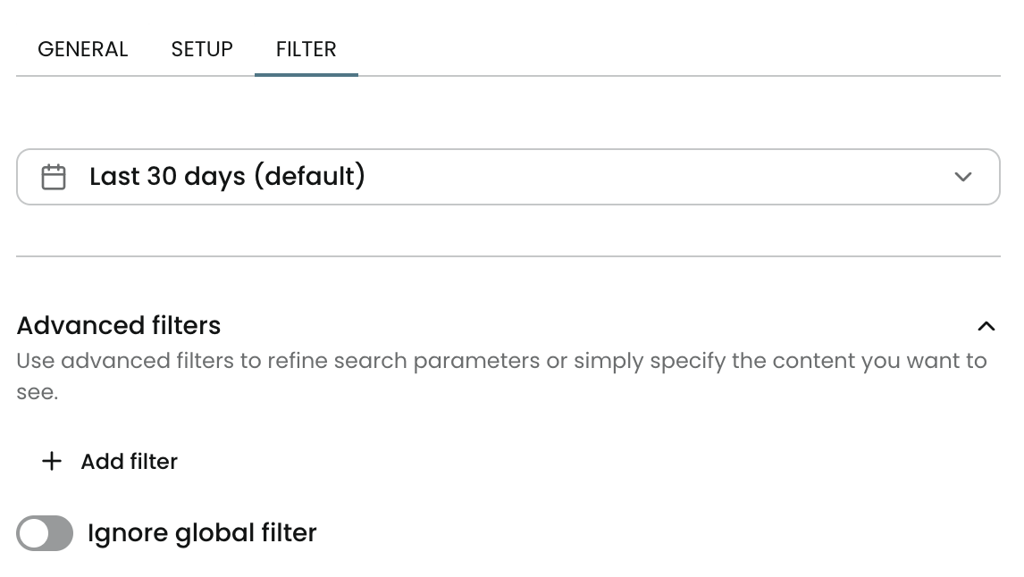 Filter tab showing date range and advanced filter settings