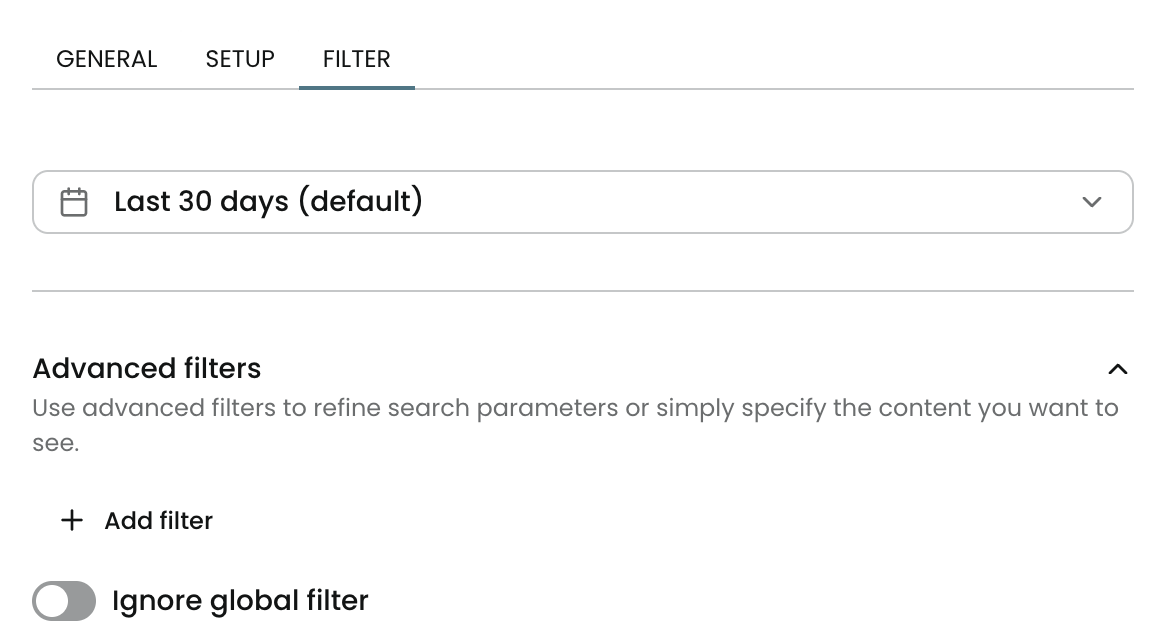 Filter tab showing date range and advanced filter settings