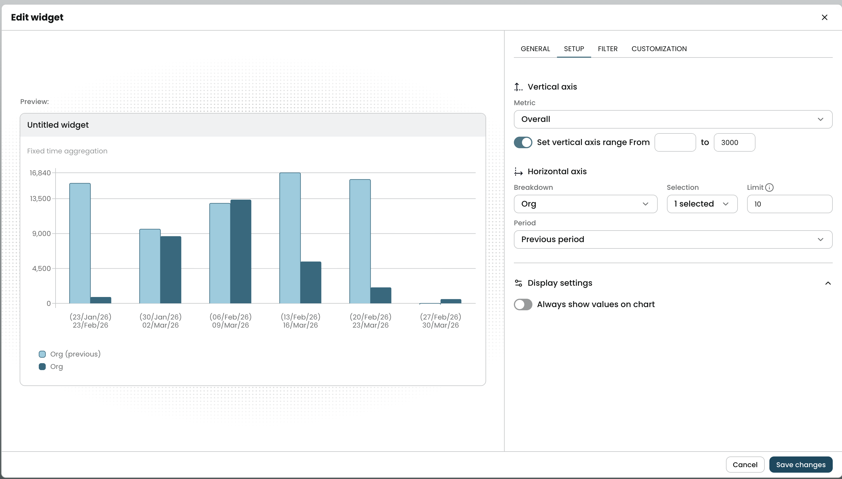 screenshot of the comparison chart set up screen
